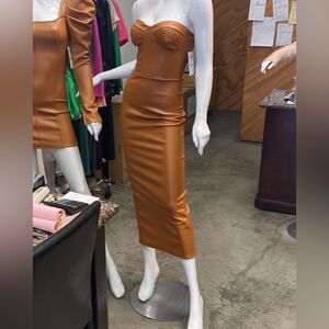 new, brown leather effect strapless mid-calf dress